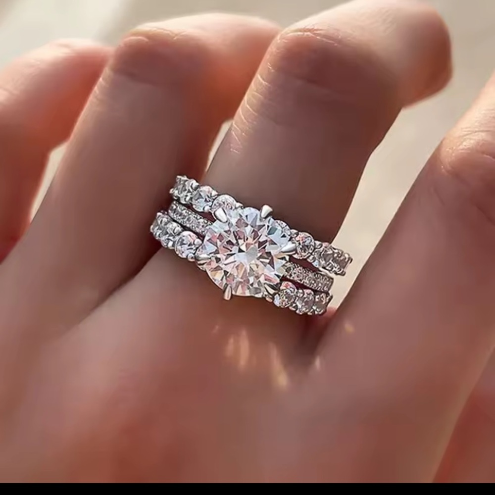 Neiman Marcus Silver-Tone Round Brilliant Solitaire with Pave Band Trio